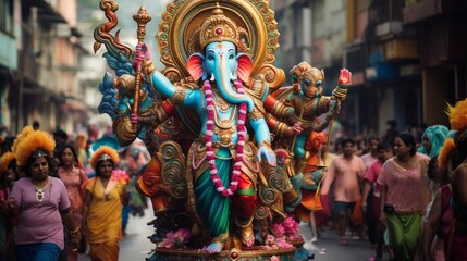 A lively street procession featuring a mobile Ganesh float, accompanied by colorful dancers and...