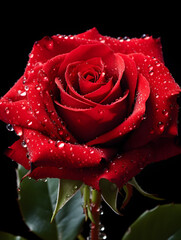Close up of red rose with water drops, floral background 