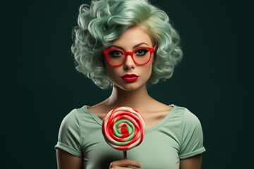 Młoda kobieta w stylowych okularach, trzymająca w ręce dużego, kolorowego lizaka.  - obrazy, fototapety, plakaty