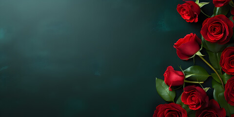 Red roses on dark green background with copy space