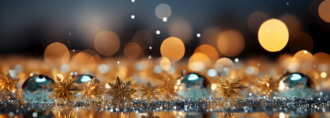 Glowing decorative glitter elements, diamonds and stars, Christmas decorations, Christmas baubles on bokeh background - obrazy, fototapety, plakaty