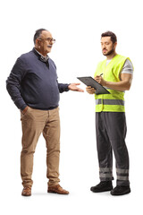 CLient talking to a worker in a reflective vest