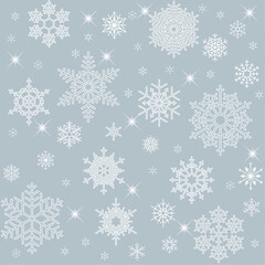White Snowflake and Shining Star Seamless All-over Pattern Isolated On Ice Grey Background