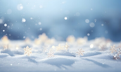 Fototapeta na wymiar Falling snow on a blue background, snowflakes and snow fluff, graphics for banner