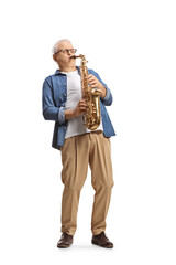 Full length shot of a casual mature man playing a saxophone