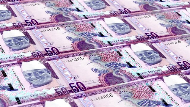 Gambia Gambian Dalasi 50 Banknotes Money Printing House, Printing Fifty Gambian Dalasi, Printing Press Machine Print out Gambian Dalasi, Being printed by currency press machine 50 Gambian