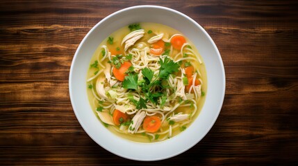 aerial view of chicken noodle soup on a kitchen counter, food photography 
