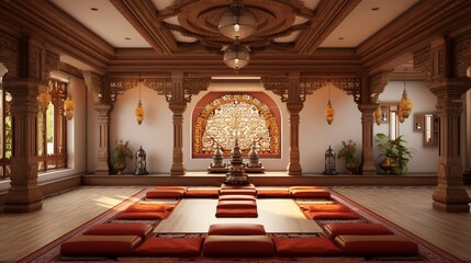 A magnificent traditional pooja room with a false ceiling that embodies the heart and soul of Indian spirituality.