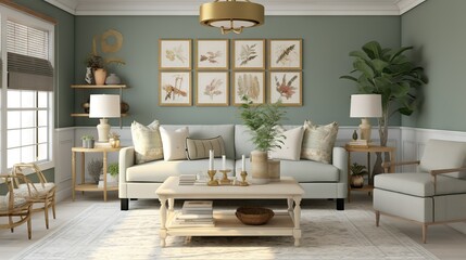 sage green living room with sofa, contemporary with window for sunlight, accessory chairs, lights pillows 