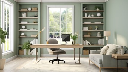 sage green home office with shelves and a desk, interior to work from home