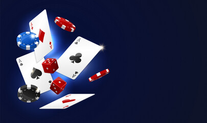 Flying vegas casino poker chips, dice, cards. Gambling addiction, risky money, huge jackpot, lucky game. Concept of playing game via real cash. Dark blue background. Vector illustration
