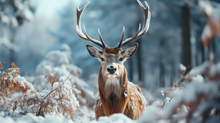 Straight on close up of a white-tailed deer standing in the snow