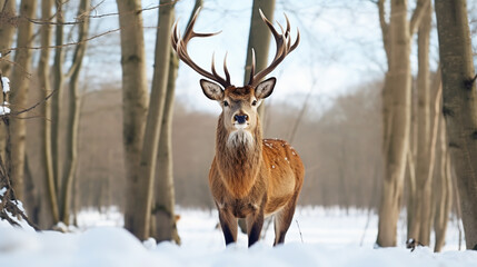 Straight on close up of a white-tailed deer standing in the snow