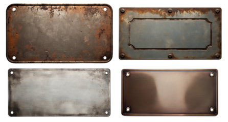 Set of metal plates with rusted surfaces, cut out