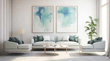 A minimalist living room with abstract, watercolor-inspired wall paintings in shades of blue and green. - obrazy, fototapety, plakaty