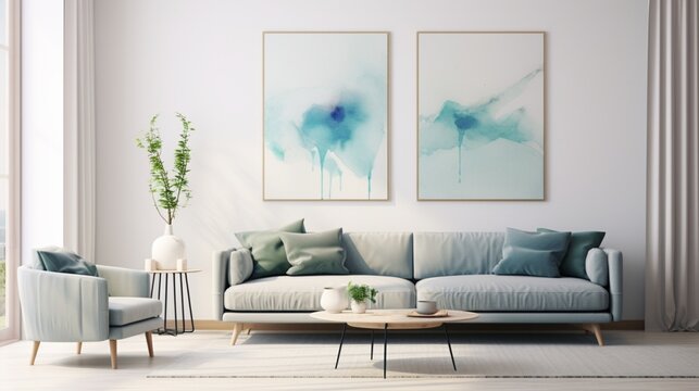 A minimalist living room with abstract, watercolor-inspired wall paintings in shades of blue and green.