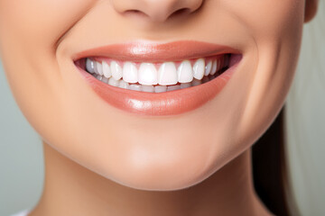 Obraz premium Closeup of beautiful female smile with healthy teeth. Studio shot.