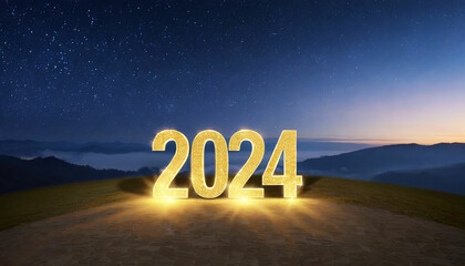 Happy new year 2024 golden - obrazy, fototapety, plakaty