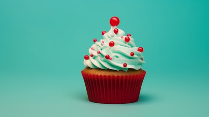 Different delicious Christmas cupcakes on holiday background