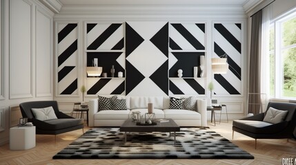 A modern living room with geometric black and white patterns.