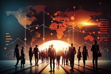 Fototapeta na wymiar Silhouettes of business people in front of world map background