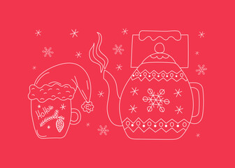 Hot drink. Tea in a cup, teapot. Stay warm. Winter season. Set of dishes for tea drinking. Drawings, doodles.  Vector illustration icons for cafe and restaurant menu design.