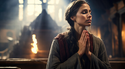 A young woman praying in church. Faith in God, pure-heartedness, praying from the heart.
