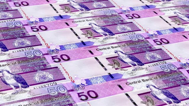 Gambia Gambian Dalasi 50 Banknotes Money Printing House, Printing Fifty Gambian Dalasi, Printing Press Machine Print out Gambian Dalasi, Being printed by currency press machine 50 Gambian