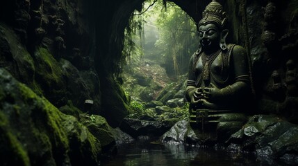 A mystical cave deep within the mountains, housing an ancient Ganesh idol, hidden from the world for centuries.