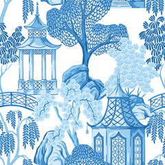 Blue Chinese pagoda and trees seamless pattern. Chinoiserie wallpaper. - obrazy, fototapety, plakaty