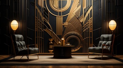 An HD glimpse of opulence, where golden textures converge in an intricate Art Deco pattern,...