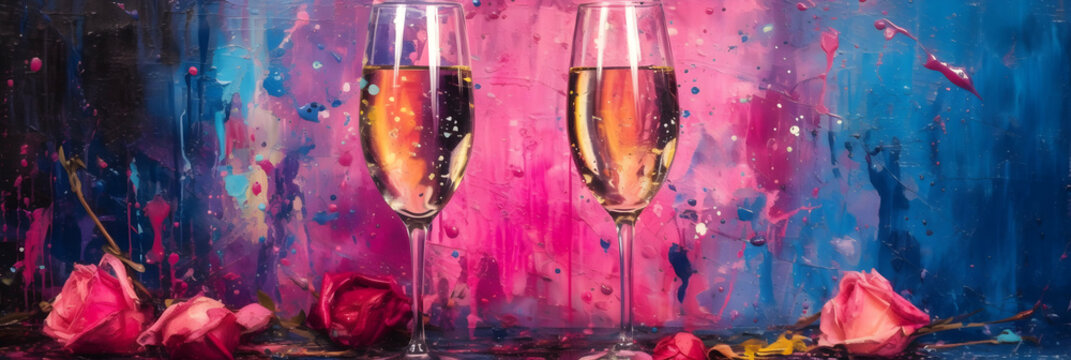 Glasses with champagne on a colorful background painted with oil paints, New Year party, illustration suitable for advertising banner or Christmas greeting card