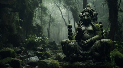 A mystical forest clearing with a hidden Ganesh sculpture among ancient moss-covered rocks,...