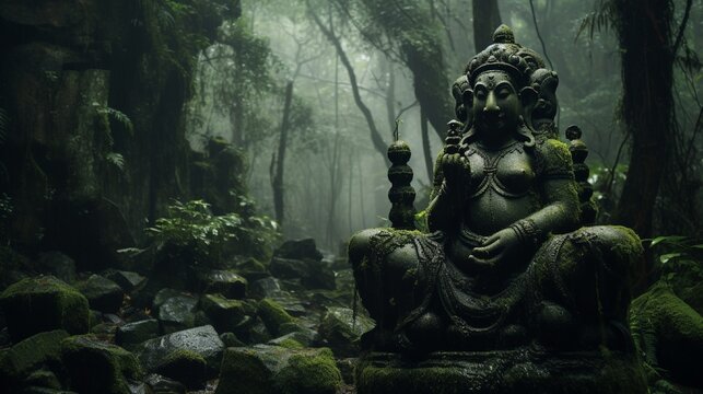 A mystical forest clearing with a hidden Ganesh sculpture among ancient moss-covered rocks, shrouded in mist. © Mustafa_Art