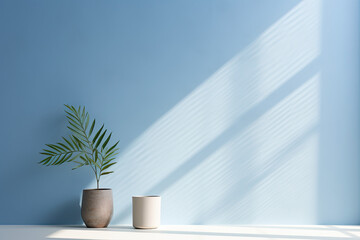 Minimal abstract light blue background for product presentation. Shadow and light from windows on plaster wall.