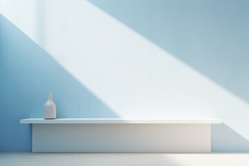 Minimal abstract light blue background for product presentation. Shadow and light from windows on plaster wall.