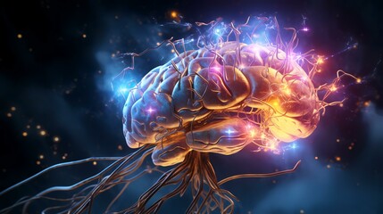 Human brain with neurons and nervous system, 3D illustration, horizontal