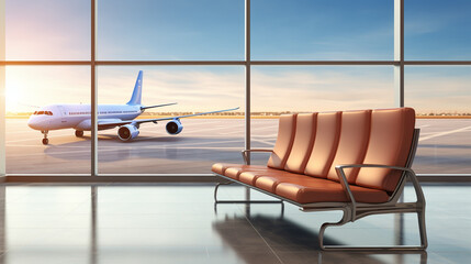 Empty chairs in the departure hall at airport , with the control tower and an airplane taking off at sunset. Travel and transportation concepts.