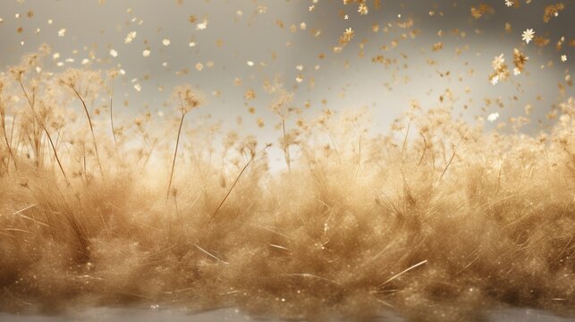 A seamless blend of dried bunny tail grass and radiant gold star glitter confetti, creating a harmonious visual symphony against a muted background