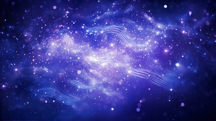 Ethereal waves of indigo and lavender interweaving with radiant silver sparkles on a celestial blue...