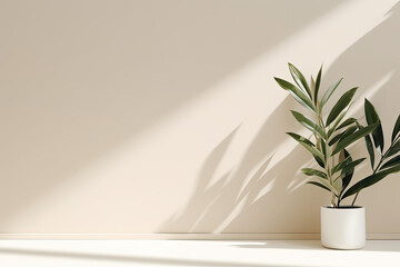 Minimalistic light background with blurred foliage shadow on a beige wall. Beautiful background for presentationwith marble floor. - obrazy, fototapety, plakaty