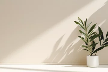 Foto auf Acrylglas Minimalistic light background with blurred foliage shadow on a beige wall. Beautiful background for presentationwith marble floor. © Akmalism