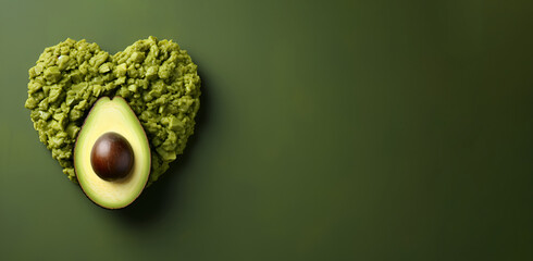 Avocado with guacamole on a green olive background