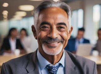 Naklejka premium Senior Latin businessman elegant executive boss, confident smiling expression face closeup, hoary bearded manager in suit working at office with teamwork, at corporate meeting