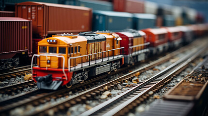 Fototapeta premium Railway Rhythms: A Vibrant Snapshot of Trains and Cargo Containers in the Yard. Generative AI.