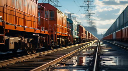 Obraz premium Container Chronicles: Scenes of Railway Yard Operations with Trains and Cargo Container. Generative AI.