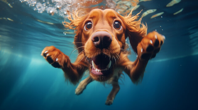 dog underwater photo swimming pool catching ball