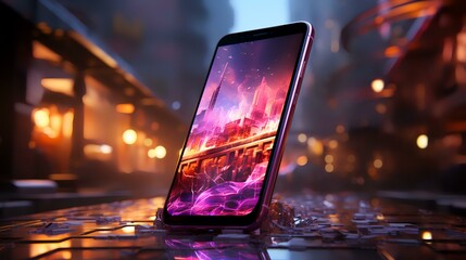 Smartphone with glowing screen on blurred city background. 3D Rendering