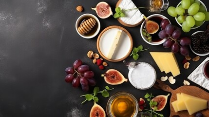 Assorted cheese plate or charcuterie board with sliced varieties of cheese, figs, honey, sauce, and grapes. A delectable display of textures and flavors, perfect for a gourmet experience. - obrazy, fototapety, plakaty