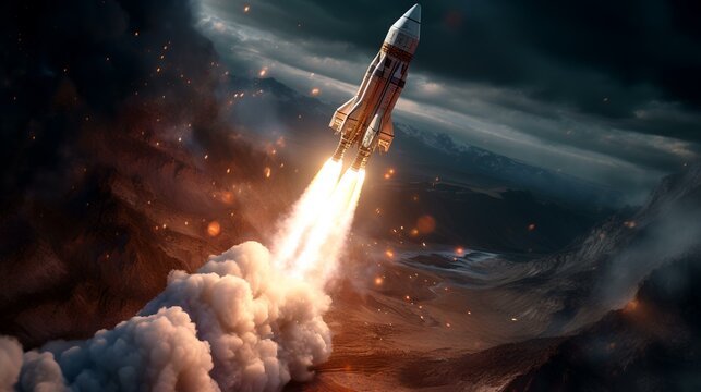 Space rocket flying high in the sky. 3D illustration. Elements of this image furnished by NASA